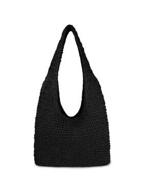 Women's Black Large Straw Beach Bag Handmade Woven Shoulder Hobo Tote Handbag